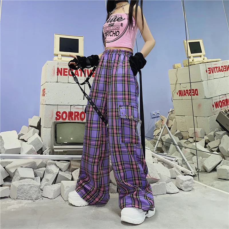 

QWEEK Mall Goth Y2K Cargo Pants Women Hippie Purple Plaid Harajuku Streetwear Chain Checked Trousers Famale High Waist Aesthetic