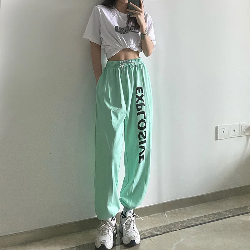 

fashion casual letter print high waist loose pant women summer autumn sports fitness solid streetwear harem pants ladies