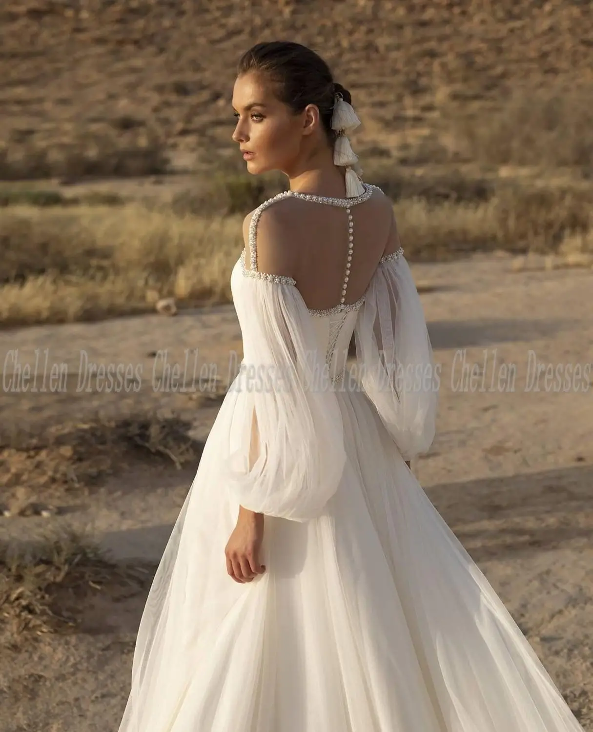 

2021 New Vintage White Long Puffy Sleeves Illusion Pearls Beaded Backless A-Line Tulle Chiffon Boho Country Wedding Dress