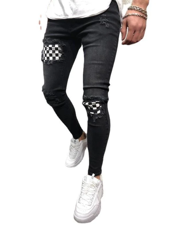 

Men's Hip Hop Quality Tight Slim Hole Leggings Men's Badge Slim Jeans Fashion Bodycon Pants Female Floral Pants Pants for Women