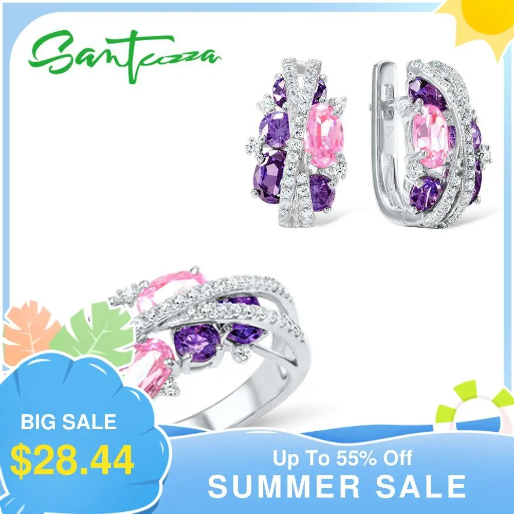 

SANTUZZA 925 Silver Jewelry Set for Women Sparkling Purple Amethyst Pink Cubic Zirconia Earrings Ring Set Luxury Fine Jewelry