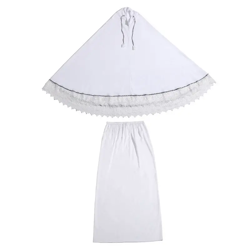 

2021 New 2pcs Muslim Women Traditional Robe Abaya Dress Double Layer Large Scale Mosque Lace Trim Gown Islamic Prayer Sets