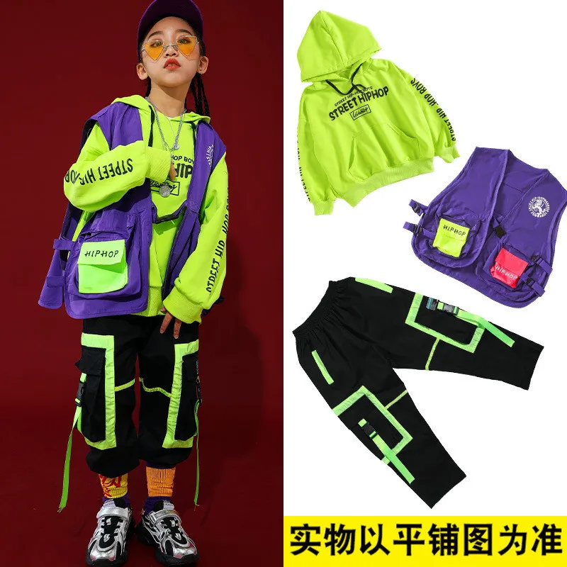 

Green Children's Street Wear Boys Hip Hop Suit Autumn Winter Showwear Stage Clothes Girls Performance Jazz Dance Costume