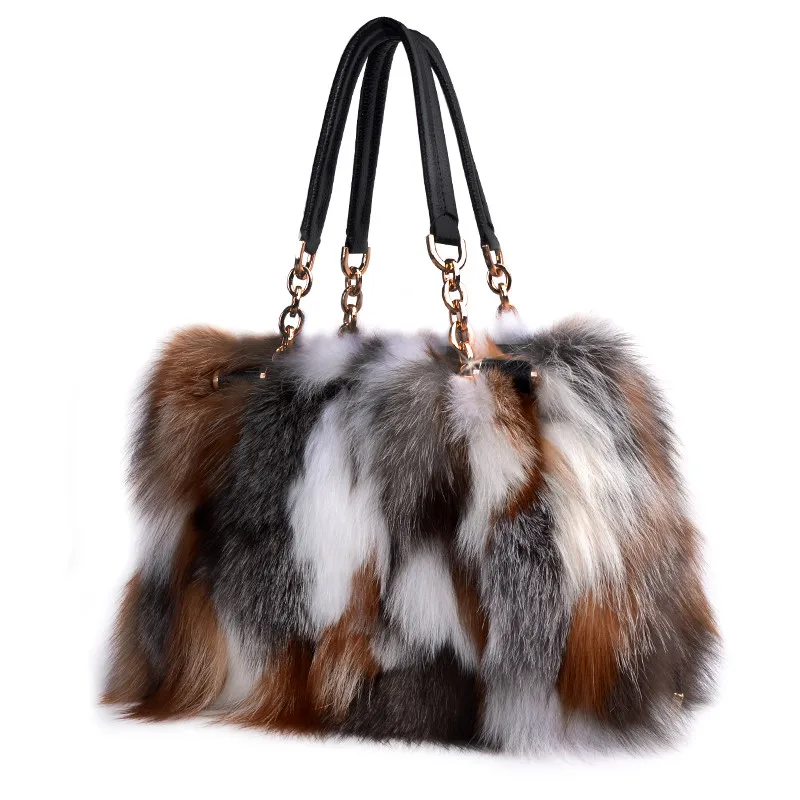 Women Handbag Luxury Real Fox Fur Handbags Leather Brand Party One-Shoulder Messenger Bags Designer Evening Bag  Large Capacity