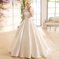 classic scoop half sleeves wedding dress custom made sweep train satin lace bridal gown robe de mairage