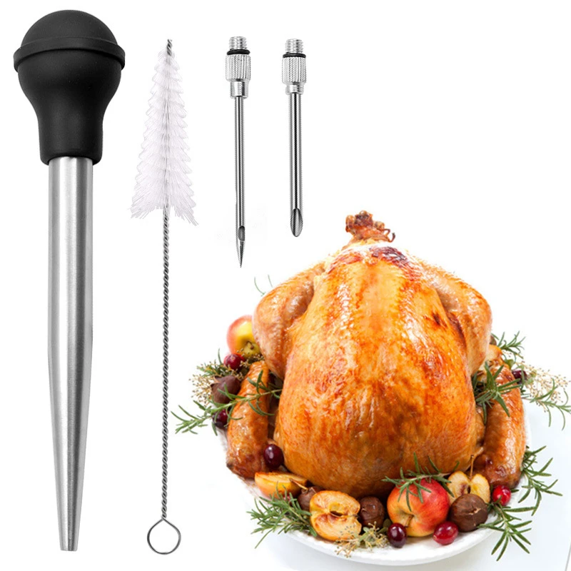 Stainless Steel Seasoning Pipe Turkey Baster Set Oil Dropper BBQ Food Flavour Syringe Tube Pump With Needles Brush |