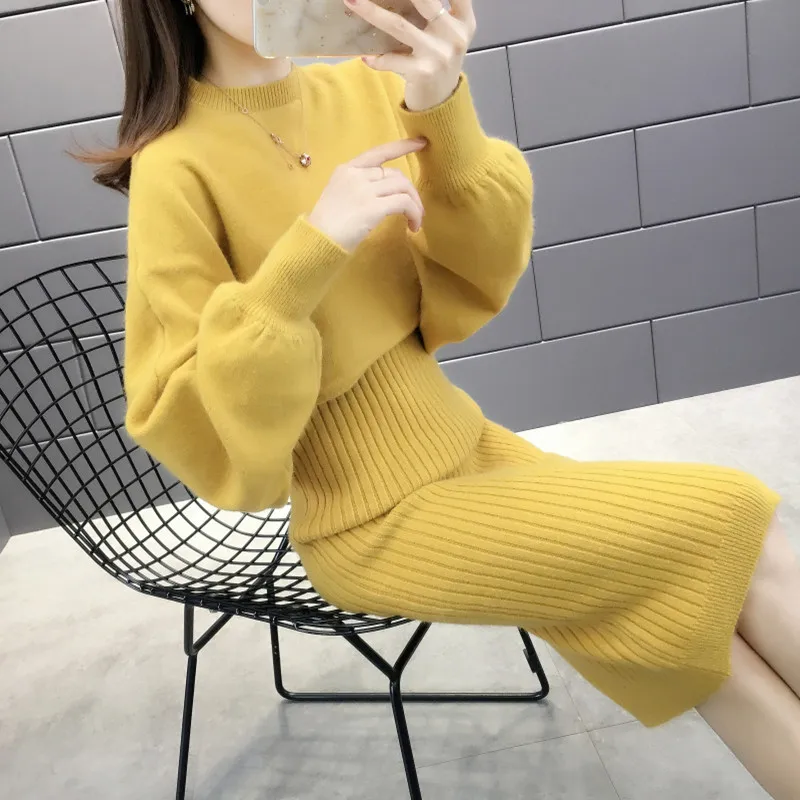 Autumn Winter Womens Long Sleeve Pullover Sweater+Strap Dress Sets Solid Color Knit 2 Piece Set Ladies Casual Knitted Suit 1600 |