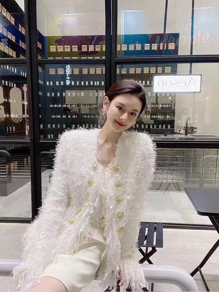 

Осень-зима 2021, модная женская куртка, тканая куртка с бахромой, белое пальто