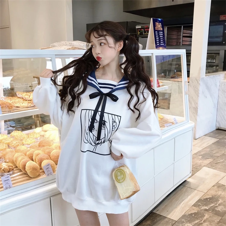 Зима Kawaii Сладкая девушка печати Лолита на шнуровке женские флисовые Harajuku повседневные свободные Лолита стиль длинный рукав спортивный костюм Толстовка