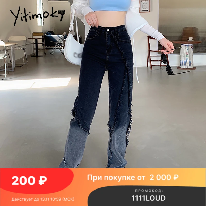 

Yitimoky Flare Jeans for Women High Waist Straight Denim Pants Contrast Color Spliced Stretch Trousers Casual Fashion 2021 New