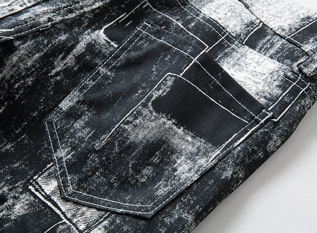 Men's Four-Season Jeans Youth Straight Black Denim Trousers High Quality Soft Slim Fit Printing Denim Designer Casual Biker Pant