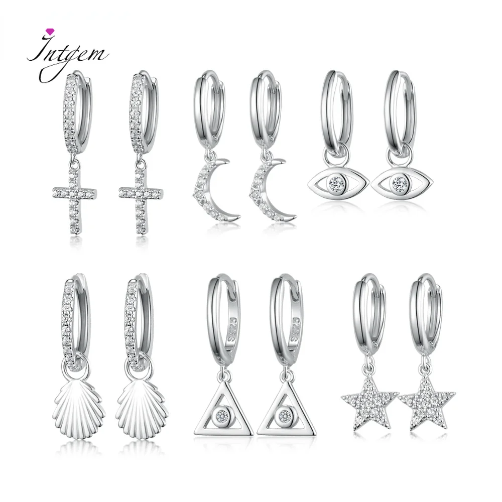 

925 Sterling Silver Hoop Earrings Cross Moon White Zircon Earrings for Women Men Gift Pendant Fine Ear Jewelry Gifts Wholesale