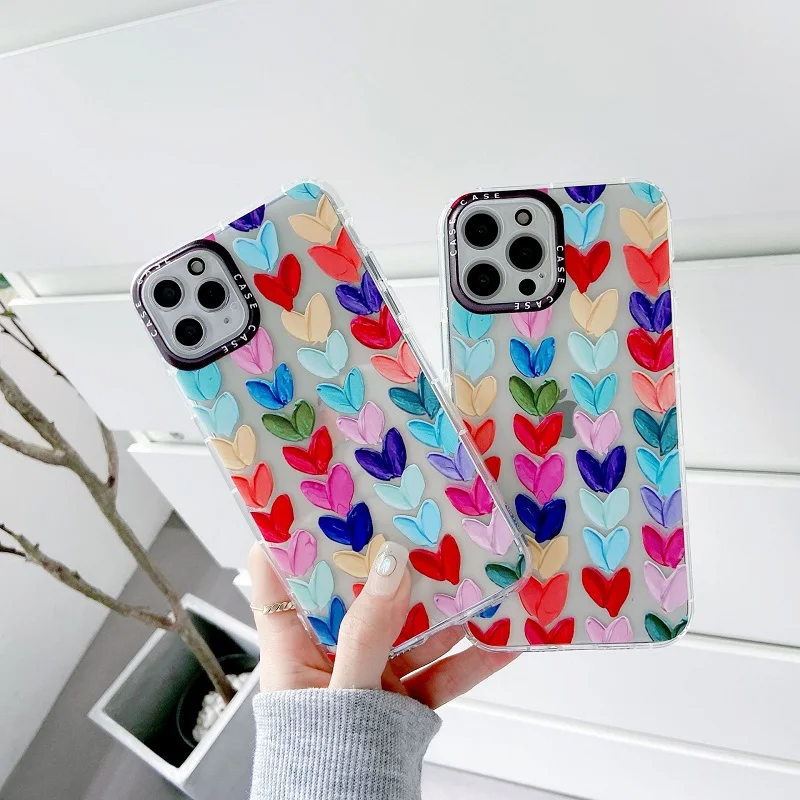 

10Pcs Colorful Love Heart Oil Painting Phone Case For iPhone 11 12 Pro Max XS Max X XR 7 8 Plus Mini Cartoon Soft TPU Back Cover