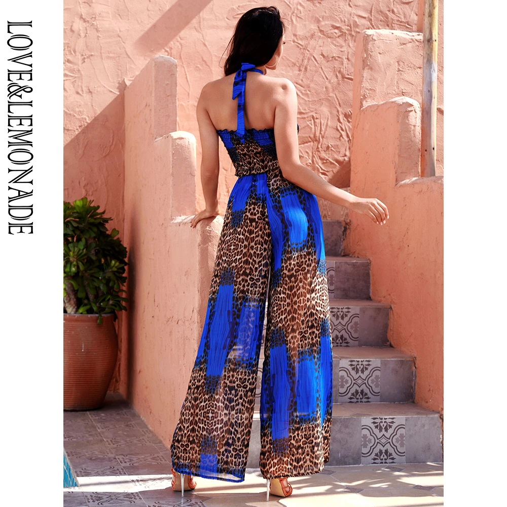 

LOVE&LEMONADE Sexy Two-Pieces Elastic Top High Waist Blue Leopard Print Chiffon Set LM83185