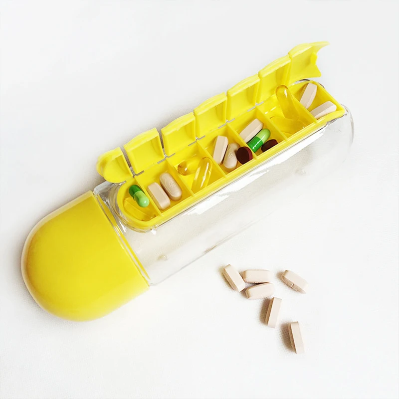 

600ML 2 in 1 Pill Box Outdoor Travel Water Bottle 7 Compartments Medical Organizer Drinking Drinkware Coffee & Tea Tools