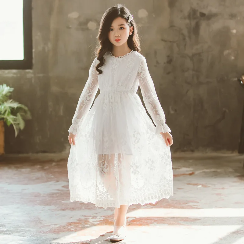 

Elegant White Lace Flower Dress for Wedding Long Sleeve A line Girls Princess Party Communion Pageant Vestidos Age 8 10 12 14
