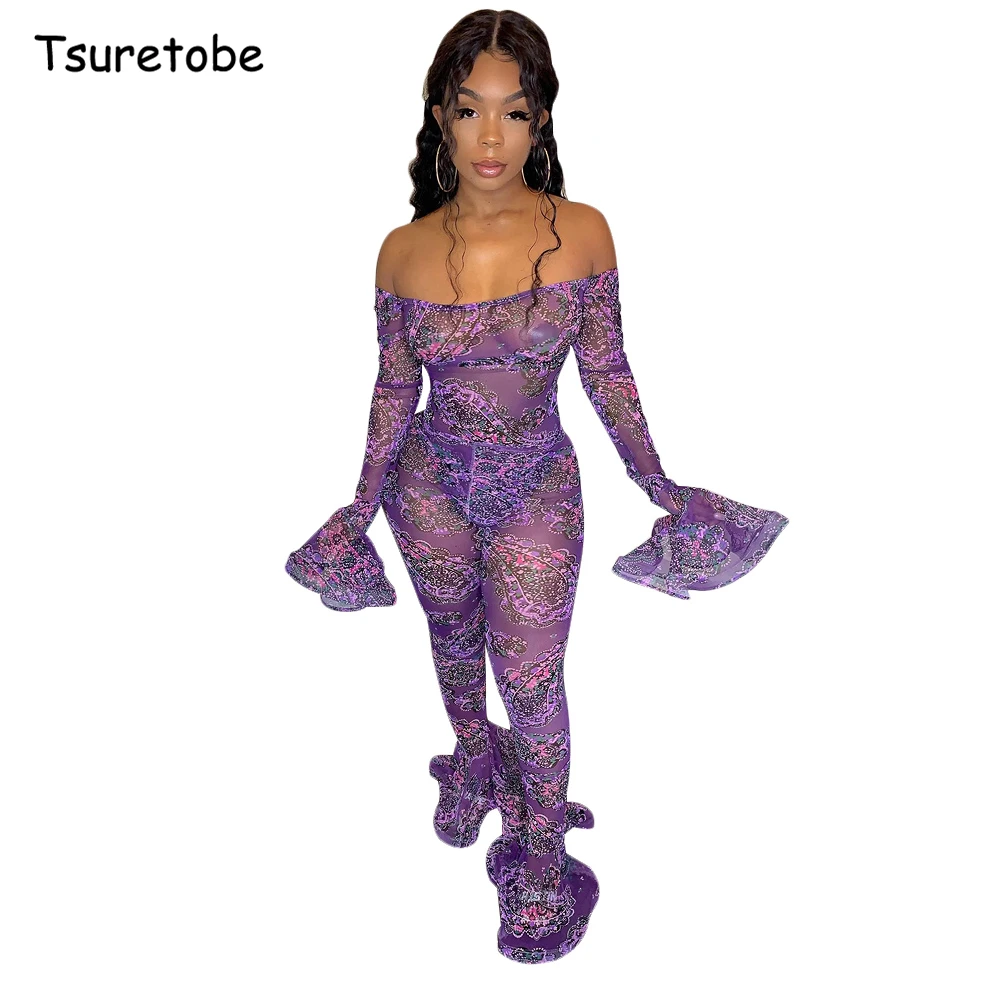 

Tsuretobe Sexy Perspective Floral Print Jumpsuit Off Shoulder Women Long Sleeve Club Rompers Slash Neck Overalls Flare Mujer