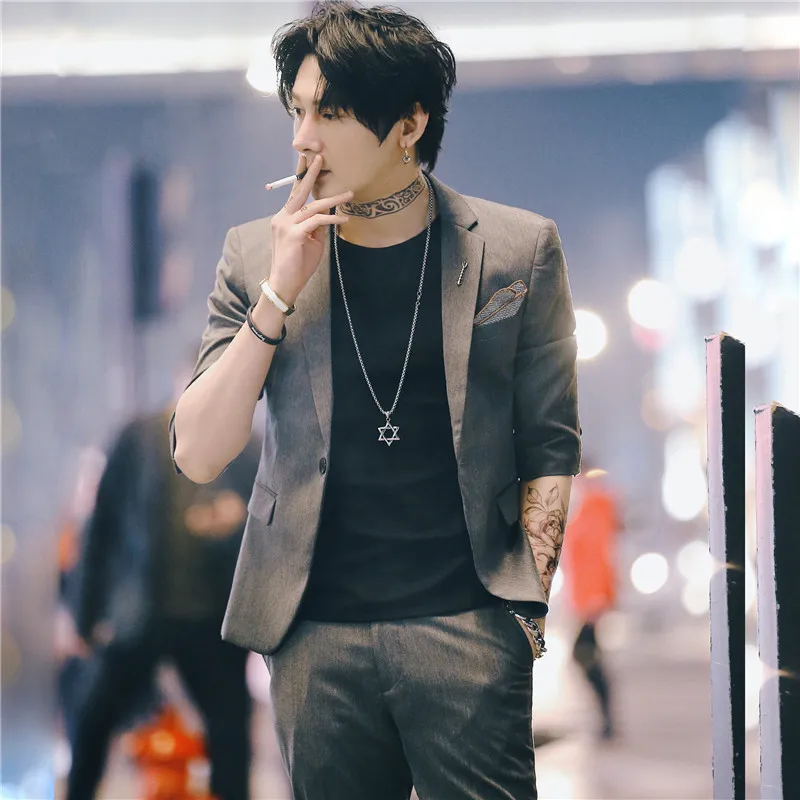 

Summer men's half-sleeved suit suit Korean Slim casual fashion trend solid color thin single-breasted lapel jacket high quality