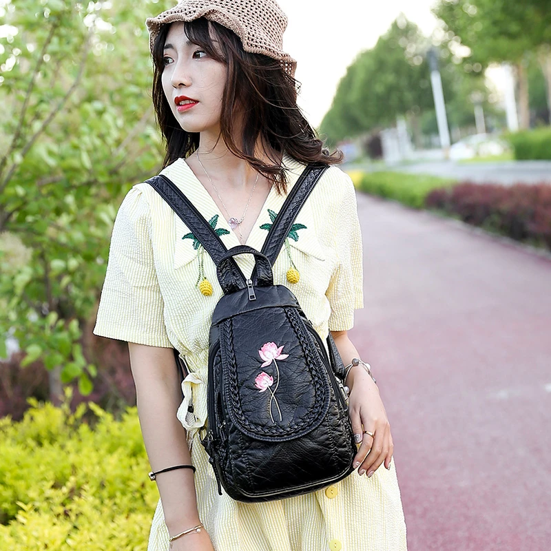 3 в 1 вышивка цветы кожаные рюкзаки для девочек Sac Dos винтажная нагрудная сумка