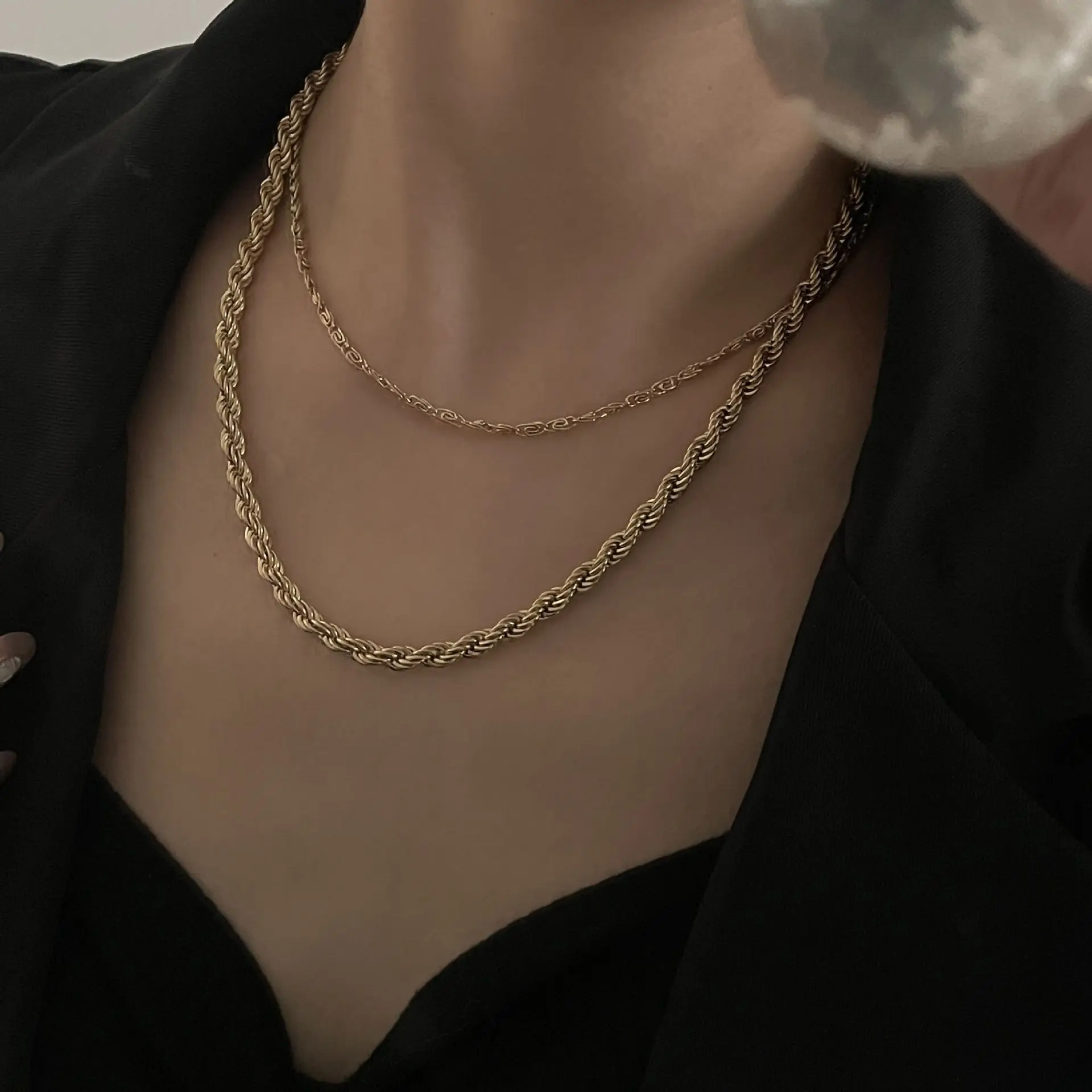 

Ожерелье из нержавеющей стали с двойной витой цепью и такой же высококачественной модной крутой цепочкой на ключицу