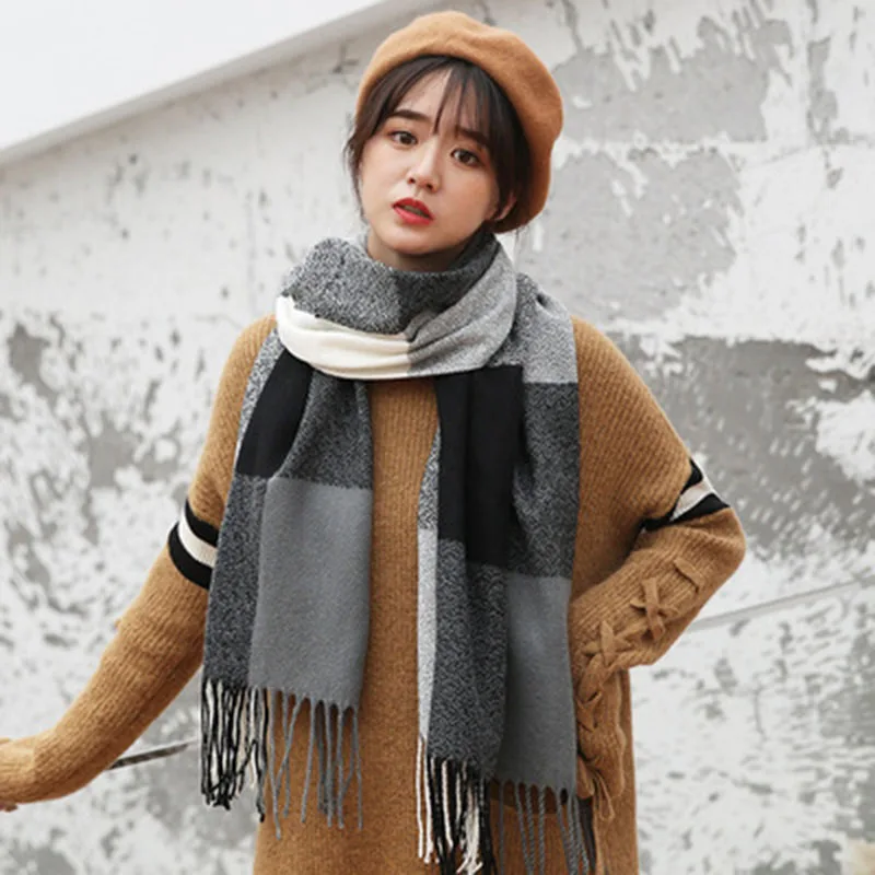 Плед шарф женский зимний 2019 имитация кашемира с кисточками шаль шерстяной