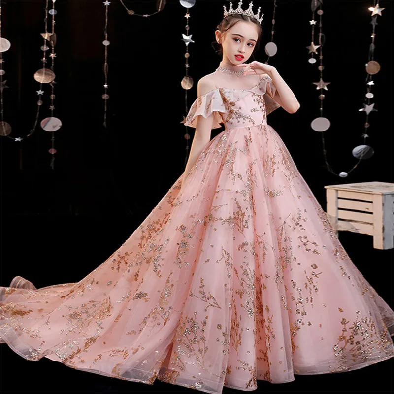 Children Girls High Quality Luxury Sweet Pink Model Catwalk Communication Princess Long Tail Dress Wedding Party Birthday | Детская