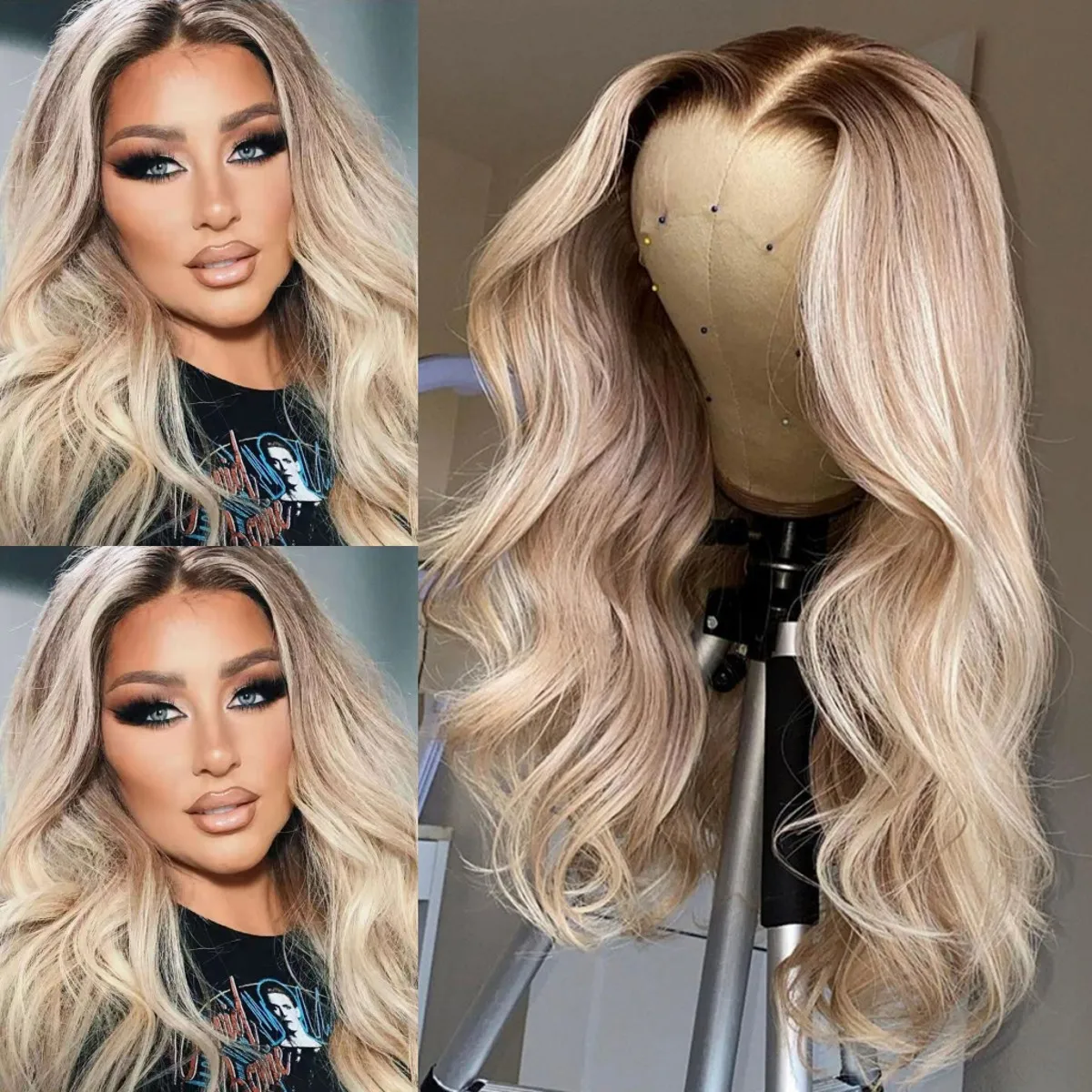 

Ash Blonde Lace Front Wig With Brown Roots Heat Resistant Synthetic Lace Front Wig Ombre Body Wave Wigs For Black Women