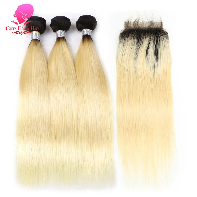 QUEEN BEAUTY 3 пучка и закрытие 2 тона темные корни 1B/613 Омбре блонд бразильские Прямые