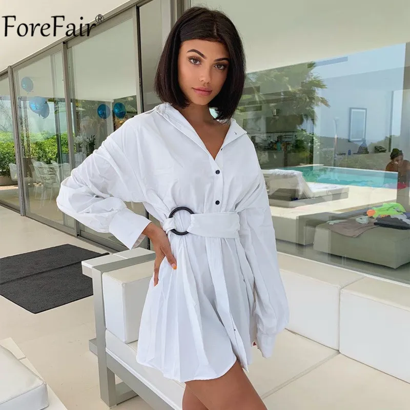 Forefair V образным вырезом пояса для женщин Кнопка белая рубашка платье офис с длинным рукавом трендовые Осень Зима Повседневное мини сексуальные платья
