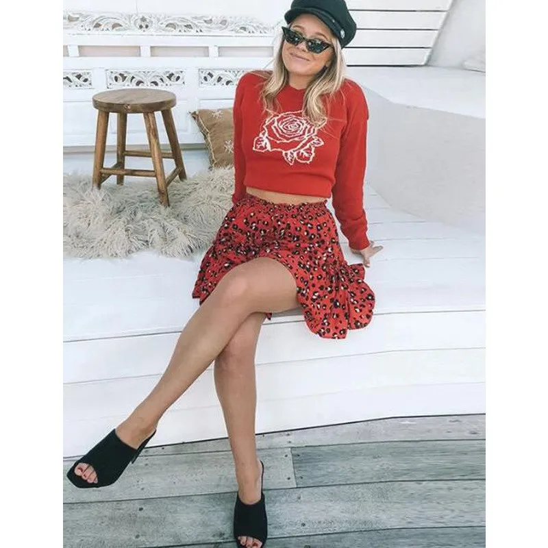 Женская хлопковая мини-юбка с оборками леопардовым принтом | одежда