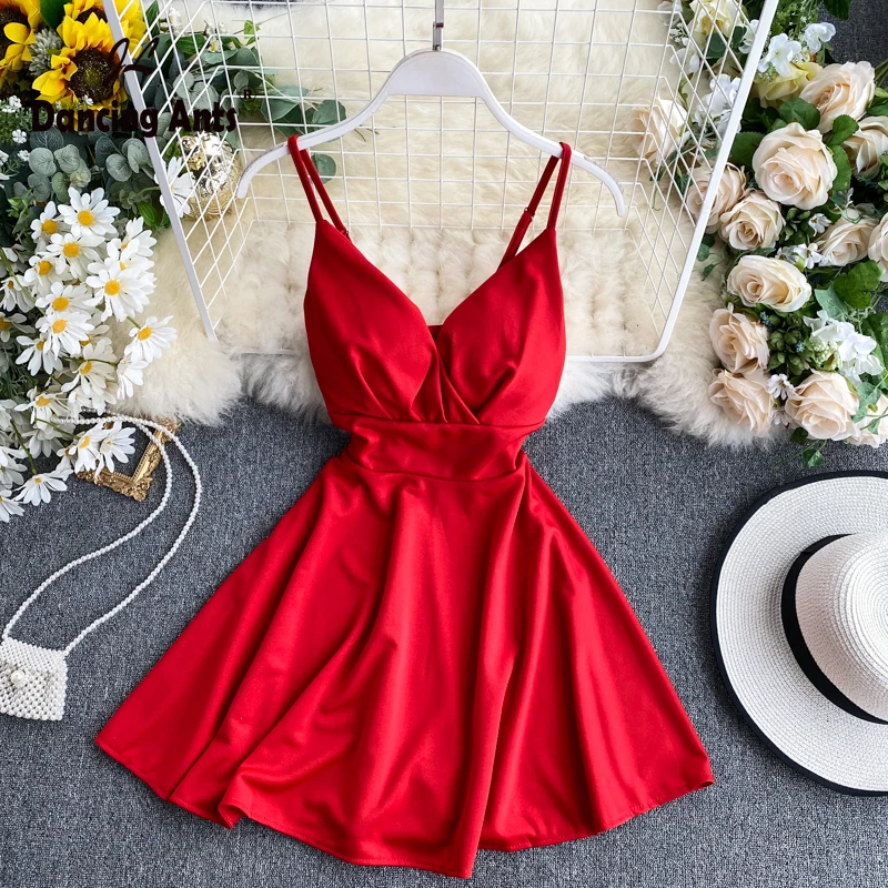 

Women A-line Sexy Dress V-Neck Spaghetti Strap Backless Mini Dresses Soild Color Vestidos Slim Trend High Waist For Part