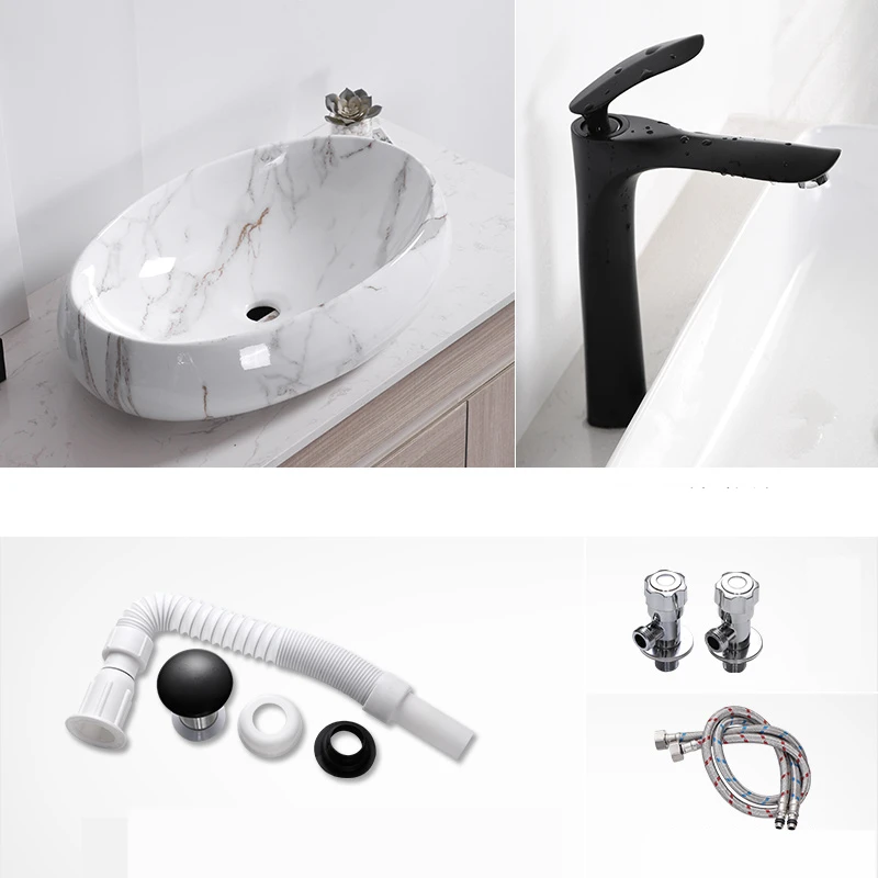 Белая овальная керамическая раковина в скандинавском стиле с простым мраморным