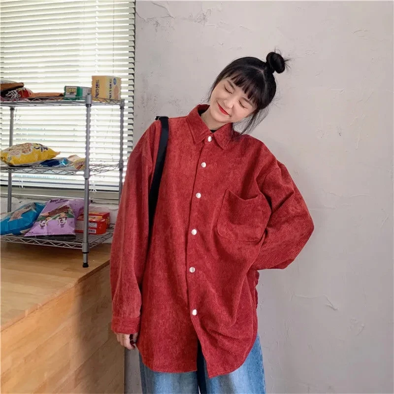 

Korean Fashion Corduroy Solid Loose Women's Shirts Turn-Down Collar Large Size Chic Tops Office Lady Long Sleeve Casual Blouses