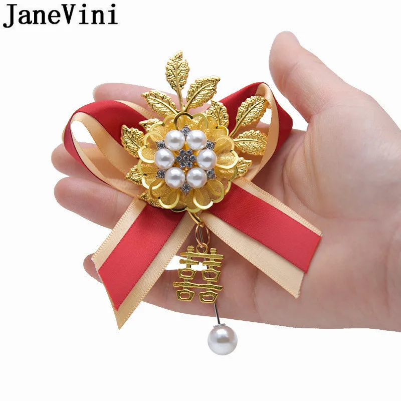 Роскошная жемчужная Золотая корсажная бутоньерка jaevini с листьями для невесты