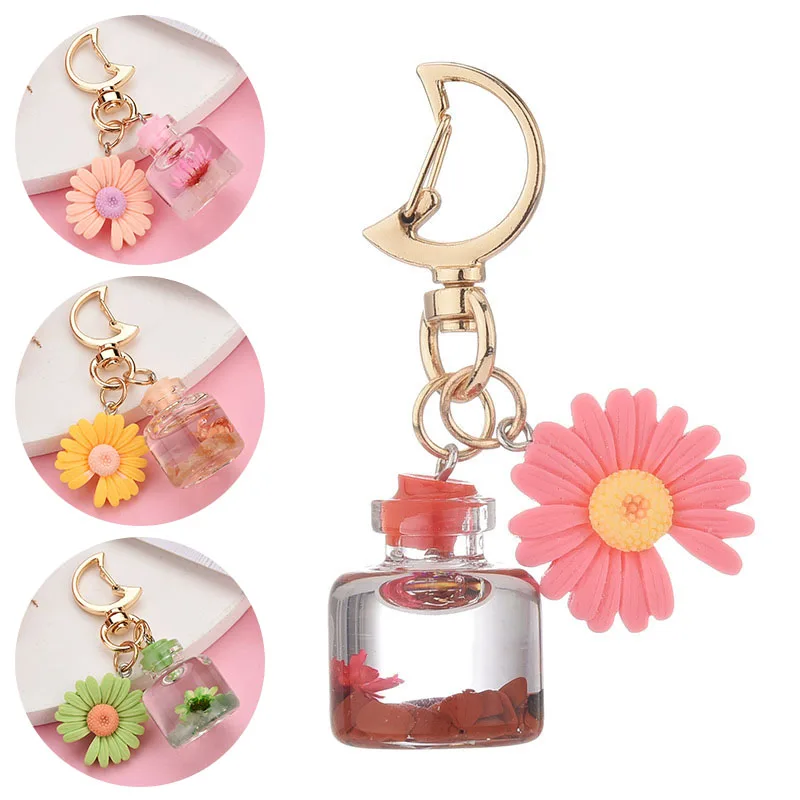 

Moon Shaped buckle Wish Quicksand Bottle Keychain Small Chrysanthemum Simulation Flower Keyring For Car Key Jewelry Accessories