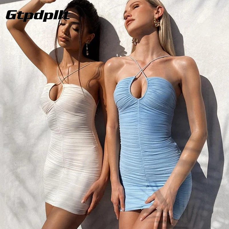 

Gtpdpllt Women Halter Sexy Backless Dress 2022 Summer Strapless Hollow Out Beach Mini Dresses Ladies Solid Ruched Party Vestidos