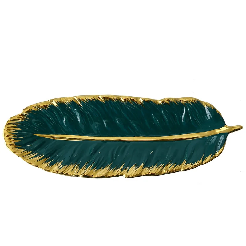 

Nordic Style Gold Edge Dark Green Feather Banana Leaf Plate Retro Jewelry Plate Storage Inventory Heart Plate Home Decoration