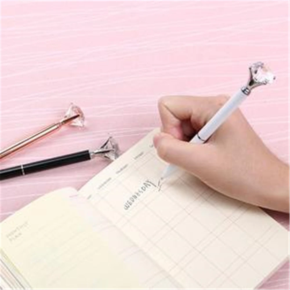 Кавайная шариковая ручка большая металлическая с крупными бриллиантами синяя и