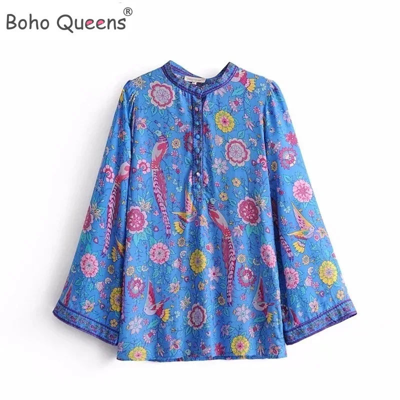 Boho Queens каштановых Для женщин Павлин с цветочным принтом Длинные рукава в