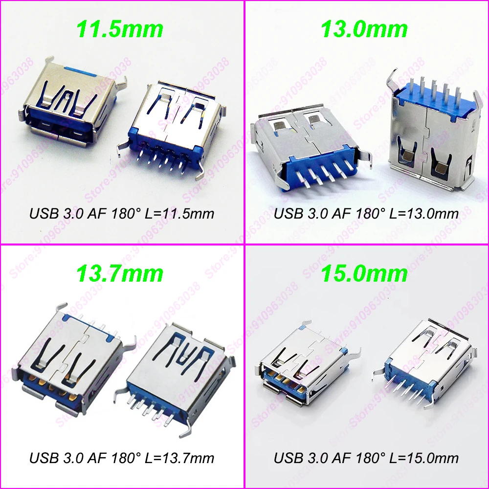 

200 шт. высокоскоростной USB 3.0 флуоресцентный тип 180 ° Вертикальный 2 изогнутых ножки L = 11,5/13 // 13,7/15 мм