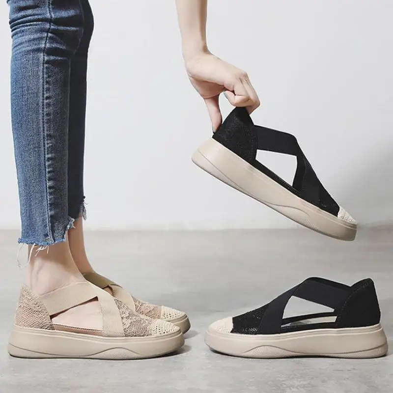 

Shoes Women New Summer Mesh Flat Platform Sandals Slip-on Round Toe Hollow Outs Casual Shoes Chaussure Femme Lace Single Shoe