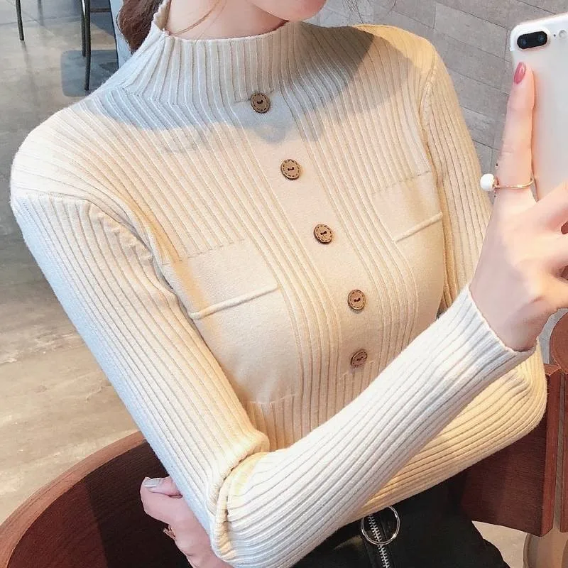 

Womens Sweaters 2020 New Fashion Button Turtleneck Sweater Women Soft Knitted Ladies Sweater Winter Tops Pullover Jumpers Ladies