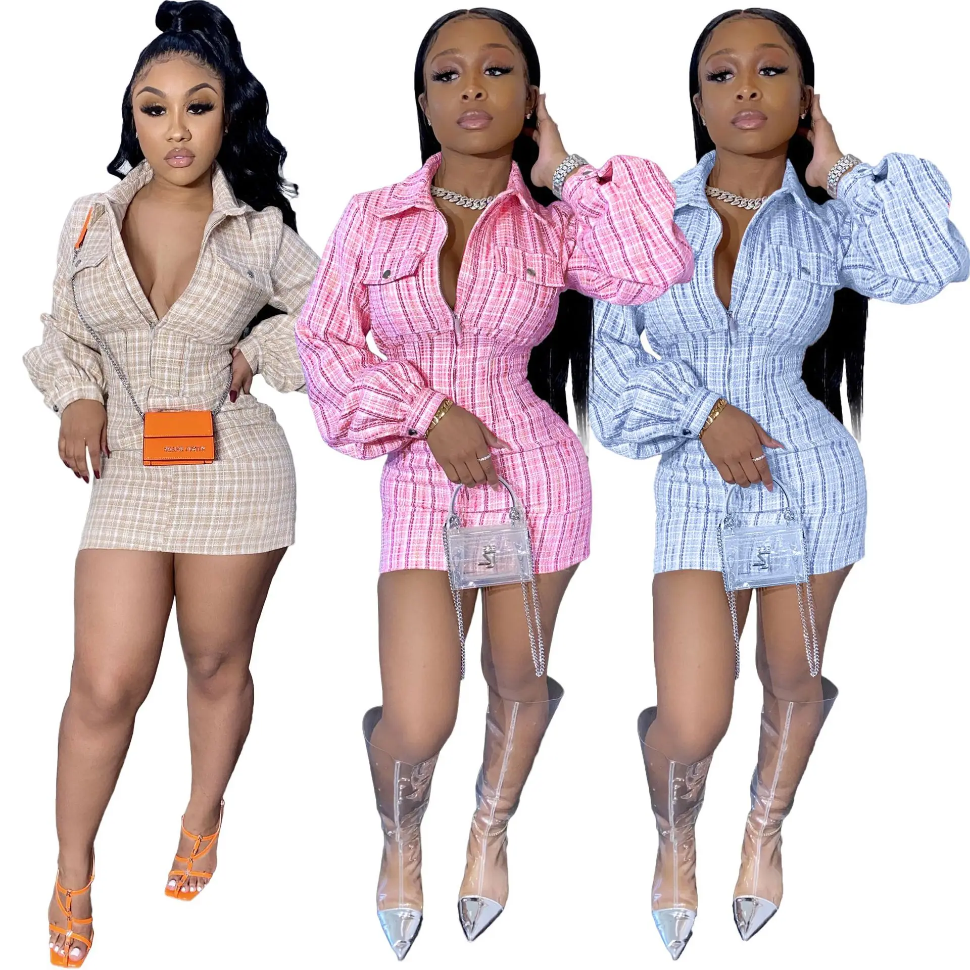 Oluolin 2020 осеннее женское пикантное платье с длинным рукавом Boycon в клетку принтом