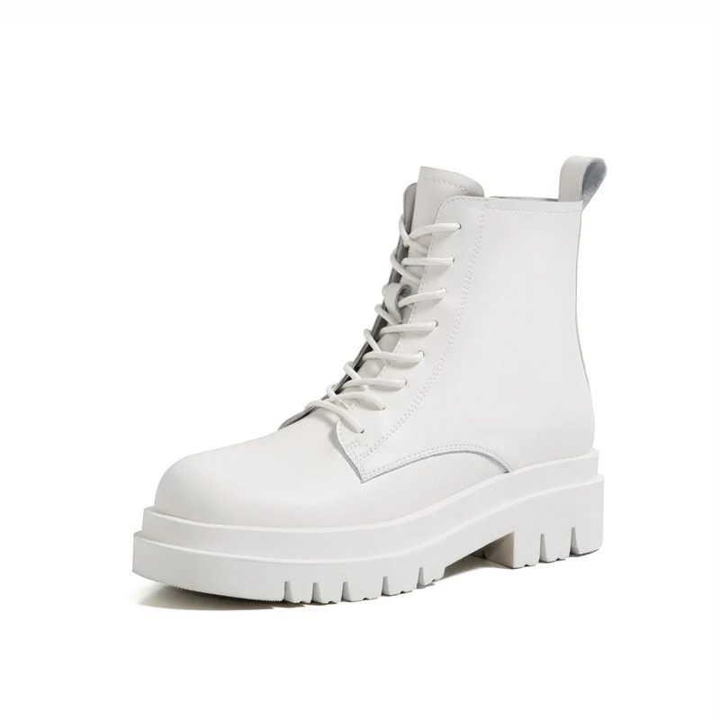 

ANNYMOLI Motorcycle Boots Woman Platform Med Heel Ankle Boots Lace UP Thick Heel Short Boots Zip Ladies Shoes Autumn White 35-40