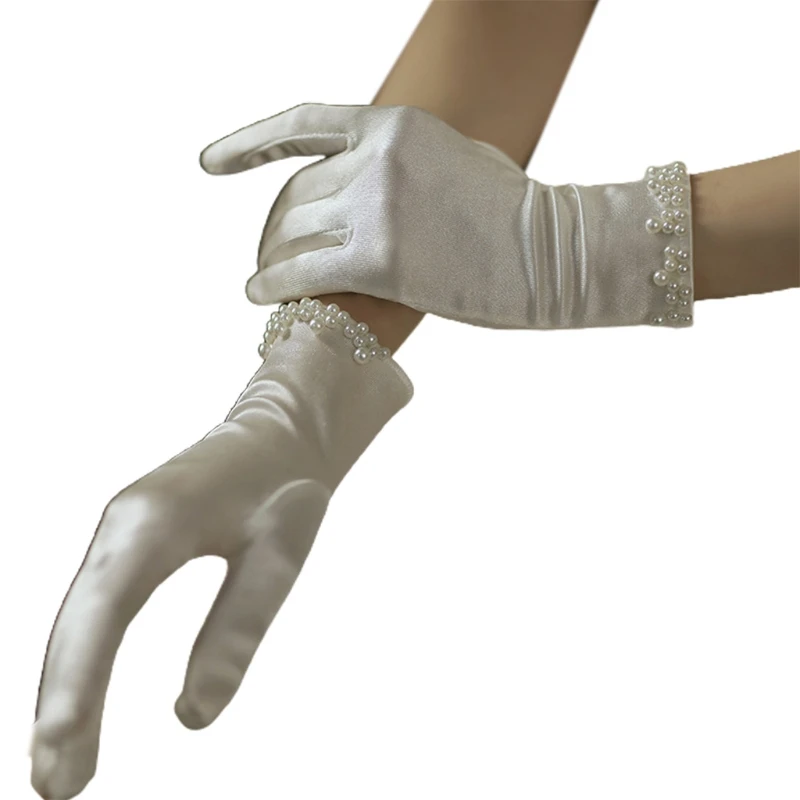 

Wedding Bridal Satin Short Gloves Pearl Beaded Prom Mittens AXYD