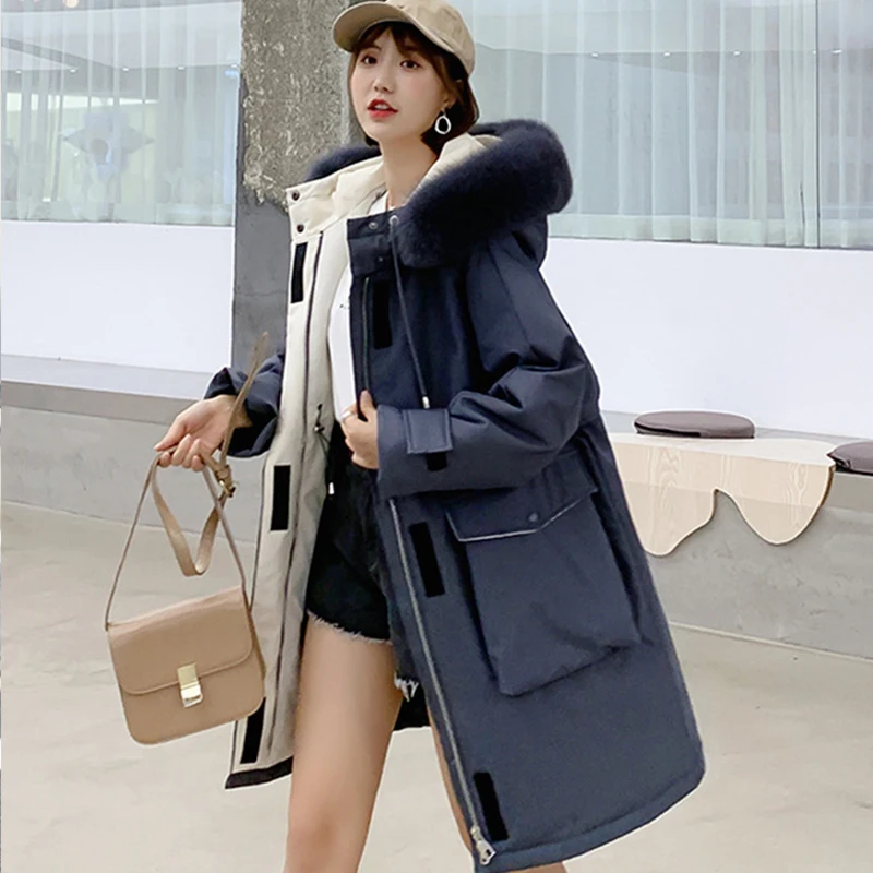 Женский пуховик с лисьим мехом утолщенное пальто средней длины в Корейском стиле