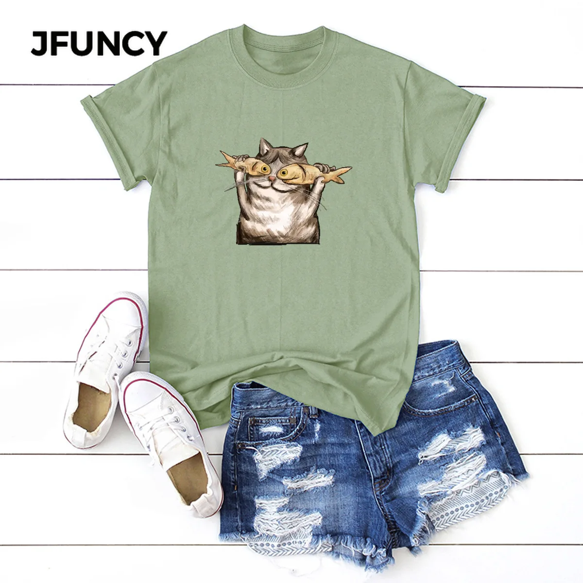 

JFUNCY Funny Cats Graphic Tees Women Tops 100% Cotton Summer T-shirt Plus Size Short Sleeve Woman Shirts Lady Casual Tshirt