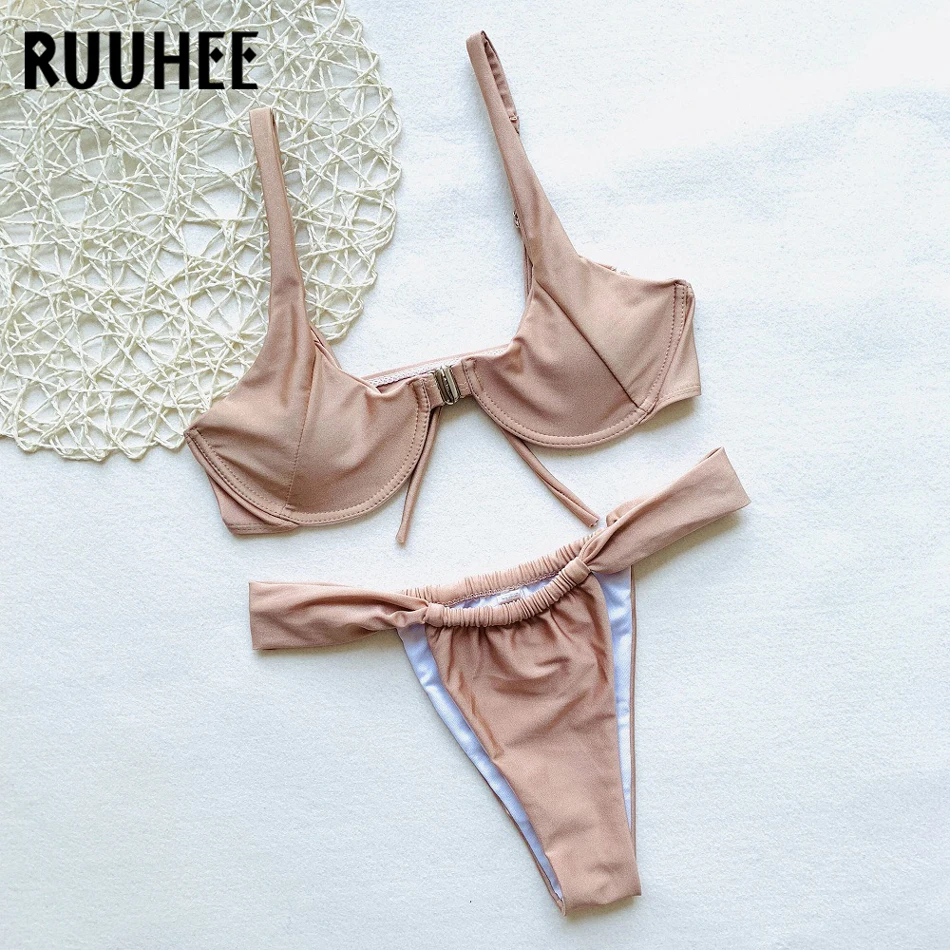 RUUHEE, сексуальный Одноцветный бикини, женский купальник, купальник, женский, с пряжкой спереди, купальный костюм с пуш-ап, с накладкой, бикини, набор, высокое качество, пляжная одежда