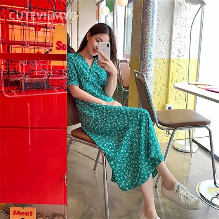 Женское винтажное платье с коротким рукавом повседневное свободное зеленое до