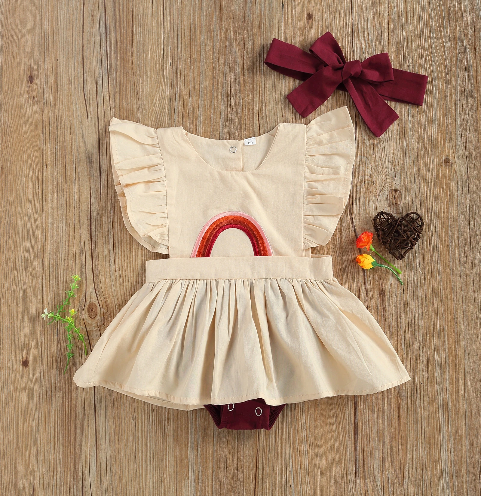

Infant Baby Girls 2 Pcs Outfits Suits Fly Sleeve Rainbow Embroidery Bodysuit Skirt + Bowknot Headband Set